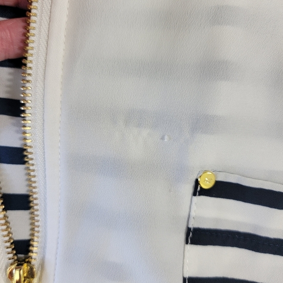 Anne Klein Roll Tab Sleeve Navy Blue White Striped Full Zip Semi Sheer Blouse L - Picture 11 of 11